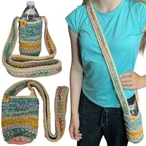 Handmade Multicolor Crochet Water Bottle Holder Bag Wheat Stitch Boho Crossbody